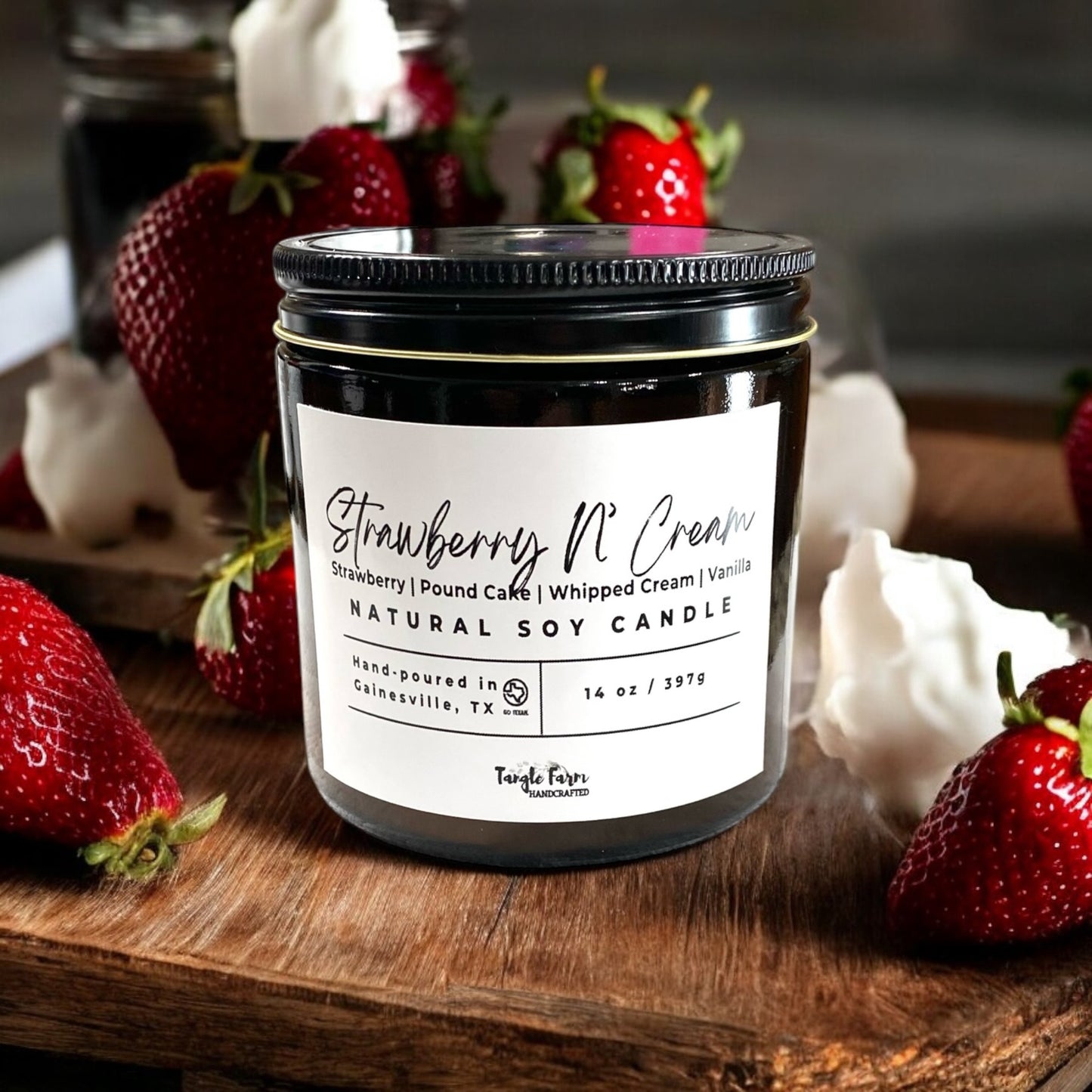 Strawberry N Cream 14oz soy candle scented with strawberry pound cake