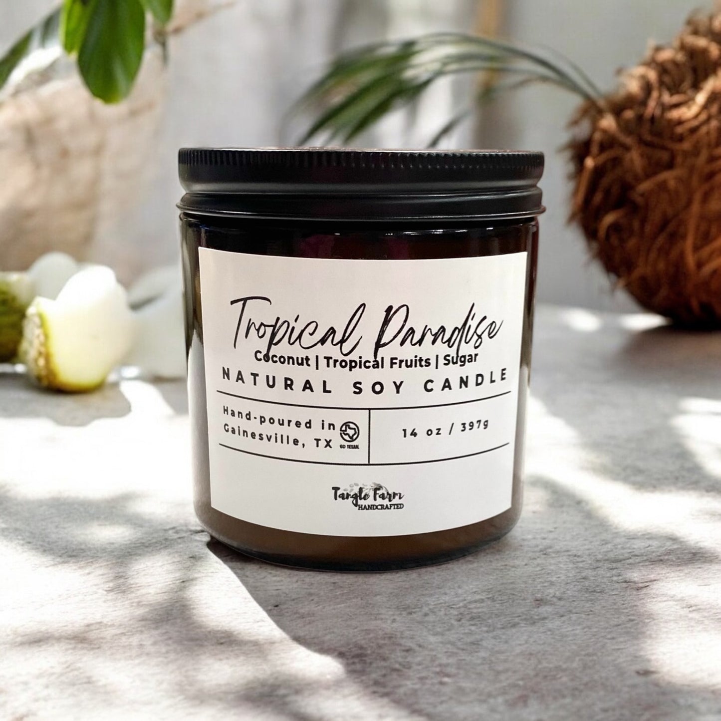 Tropical Paradise soy candle 14oz scented with Butt Naked