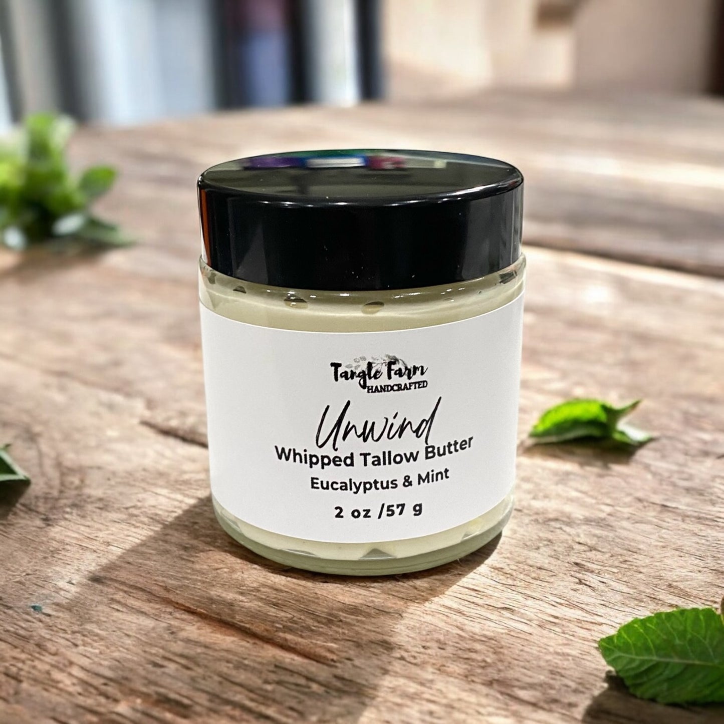 Whipped Tallow Butter in 2 oz Unwind scented with eucalyptus and mint