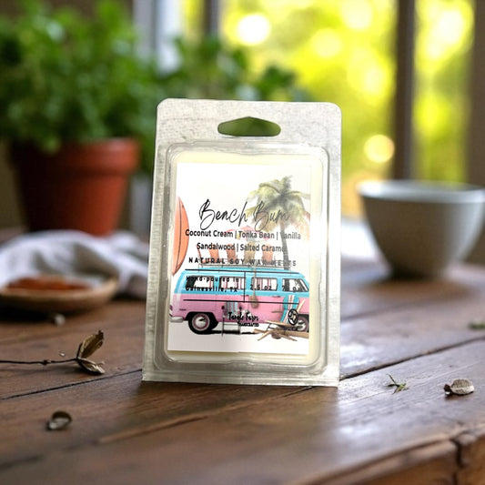 Beach Bum Wax melt with salted caramel, coconut cream, sandalwood, vanilla and tonka bean.