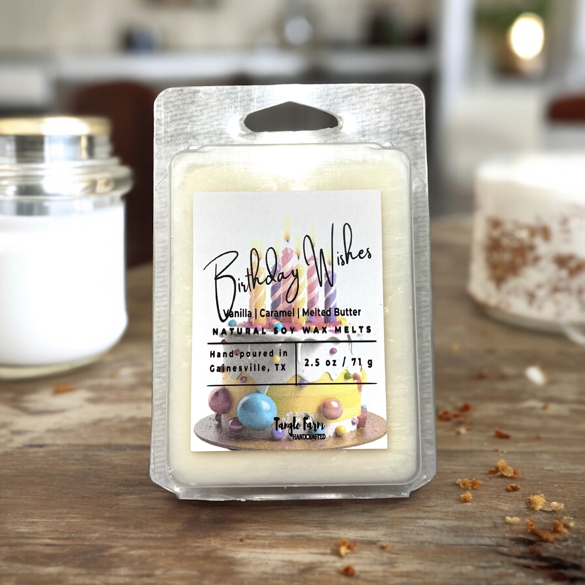 Birthday Wishes wax melt is a birthday cake scent with vanilla.