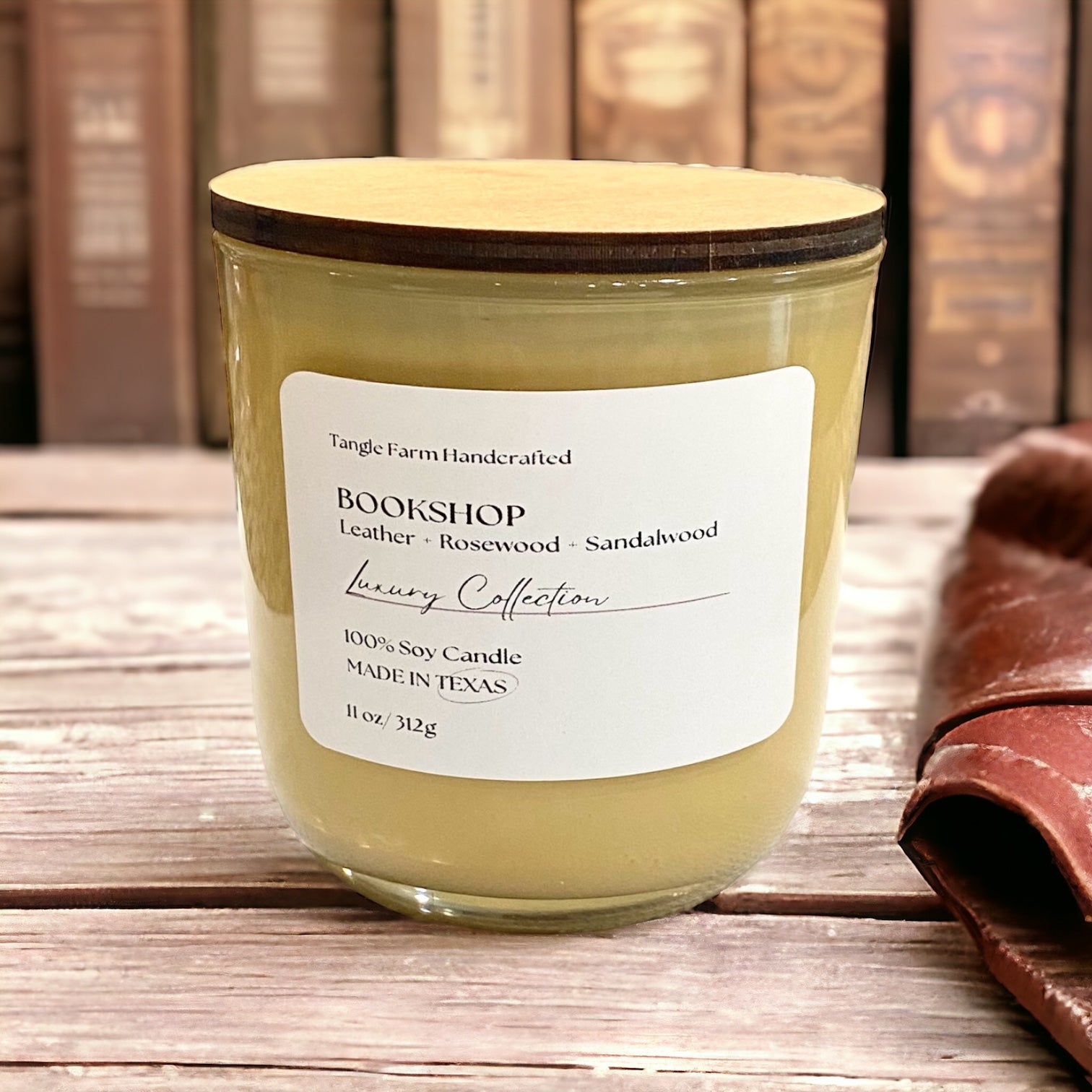 bookshop lux soy candle, leather, rosewood, sandalwood, sherlocks library scent