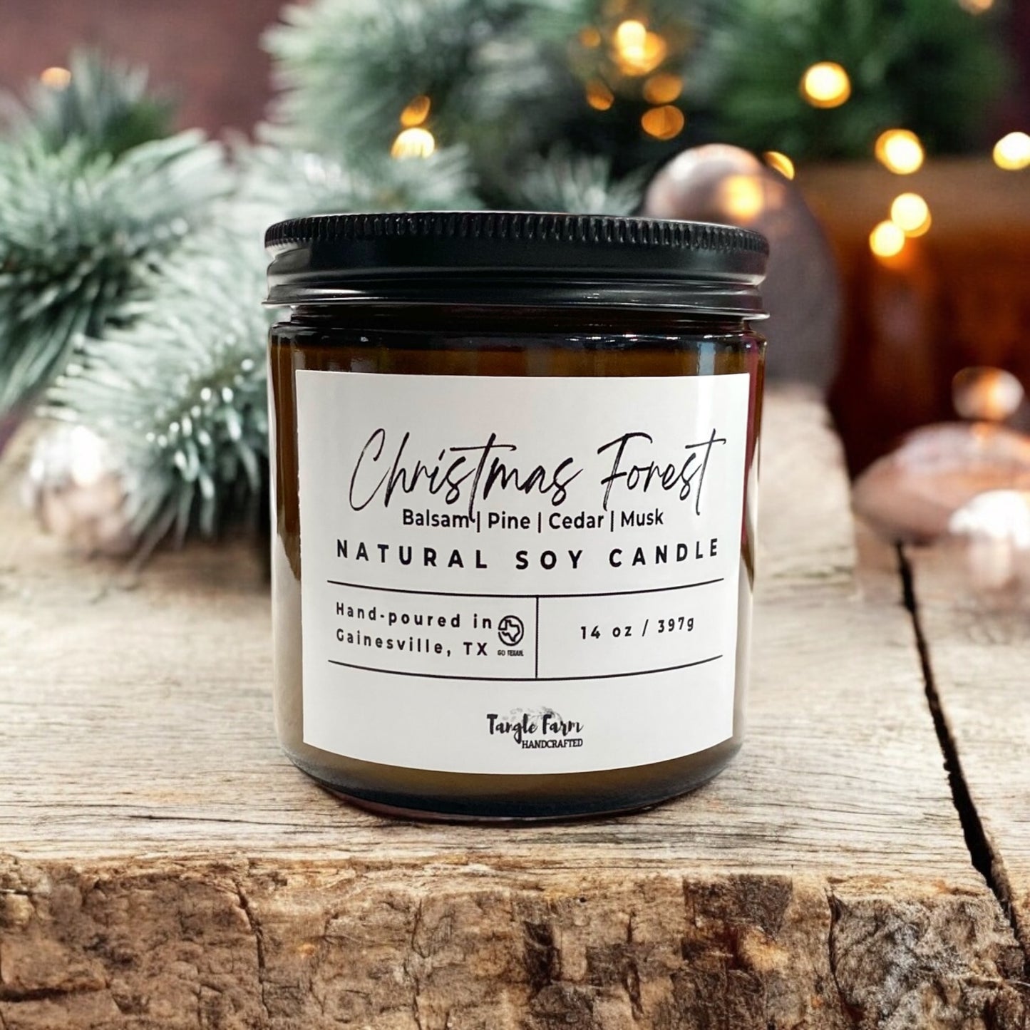 Christmas Forest Soy Candle 14 oz with notes of Balsam, Pine, Cedar and Musk.