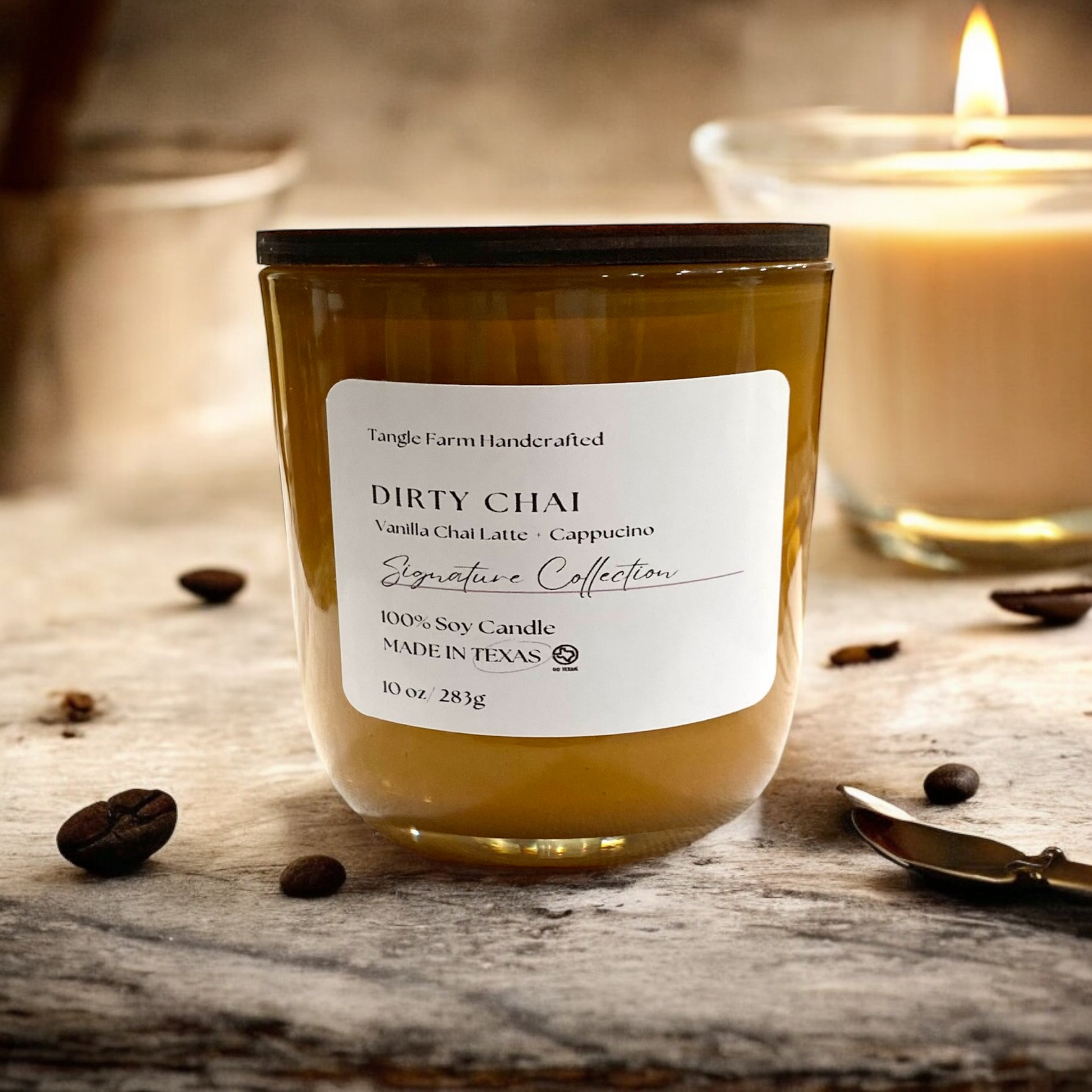 Dirty Chai Lux Soy Candle scented with cappucino brulee and vanilla chai latte