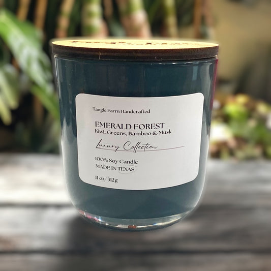 Emerald Forest with kiwi, greens, bamboo and musk soy candle.