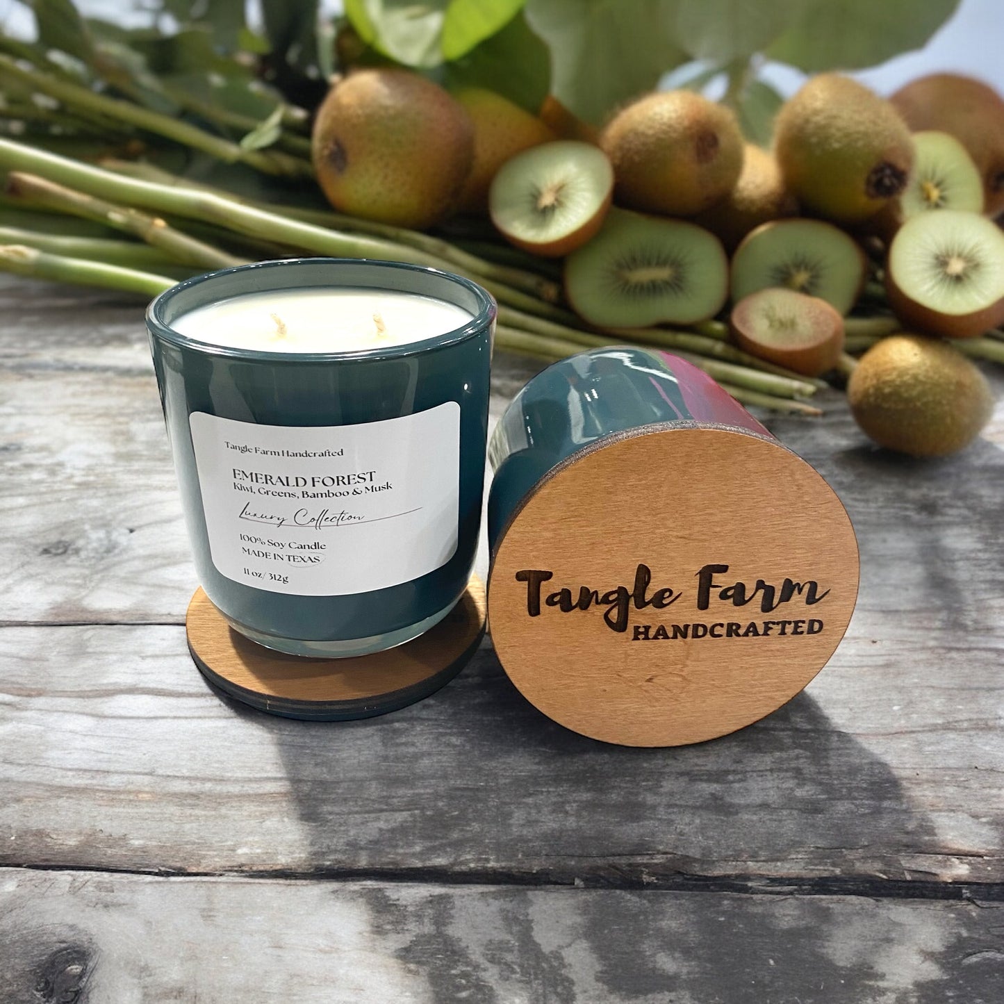 Emerald Forest with kiwi, greens, bamboo and musk soy candle.