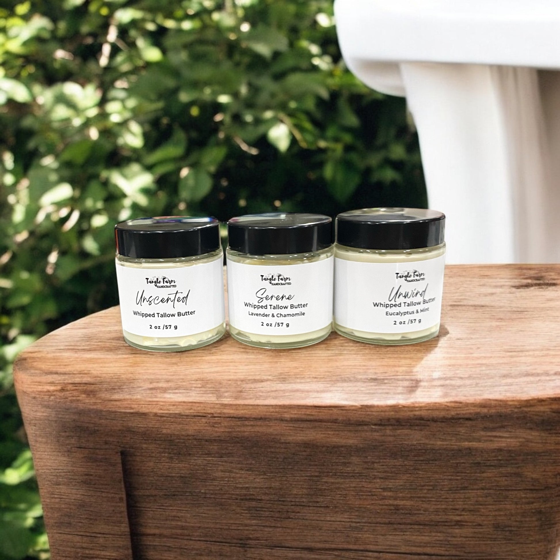 Whipped Tallow Butter lotion in 2 and 4 oz with unscented, serene - lavender and chamomile, Unwind with eucalyptus and mint