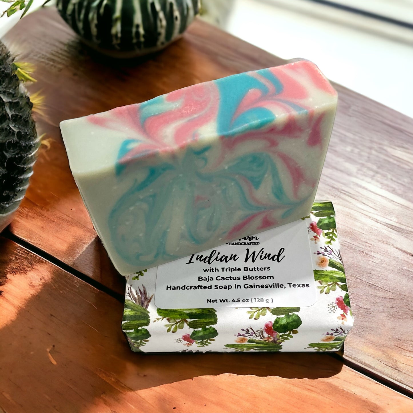 Indian wind cold processed soap with triple 3 butters of cocoa butter, shea butter, mango butter plus with buttermilk. scented with baja cactus blossom