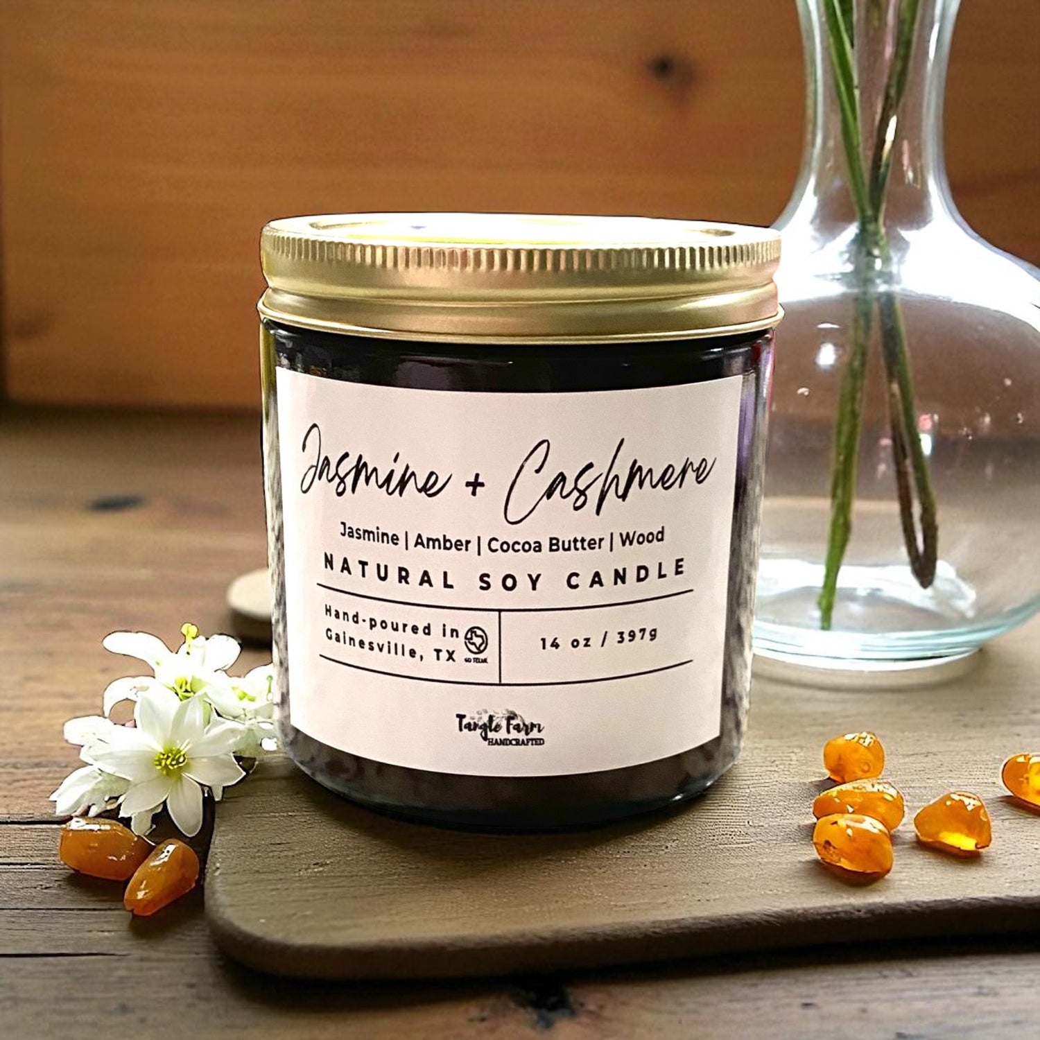 Jar of Jasmine + Cashmere candle 14oz Soy Wax