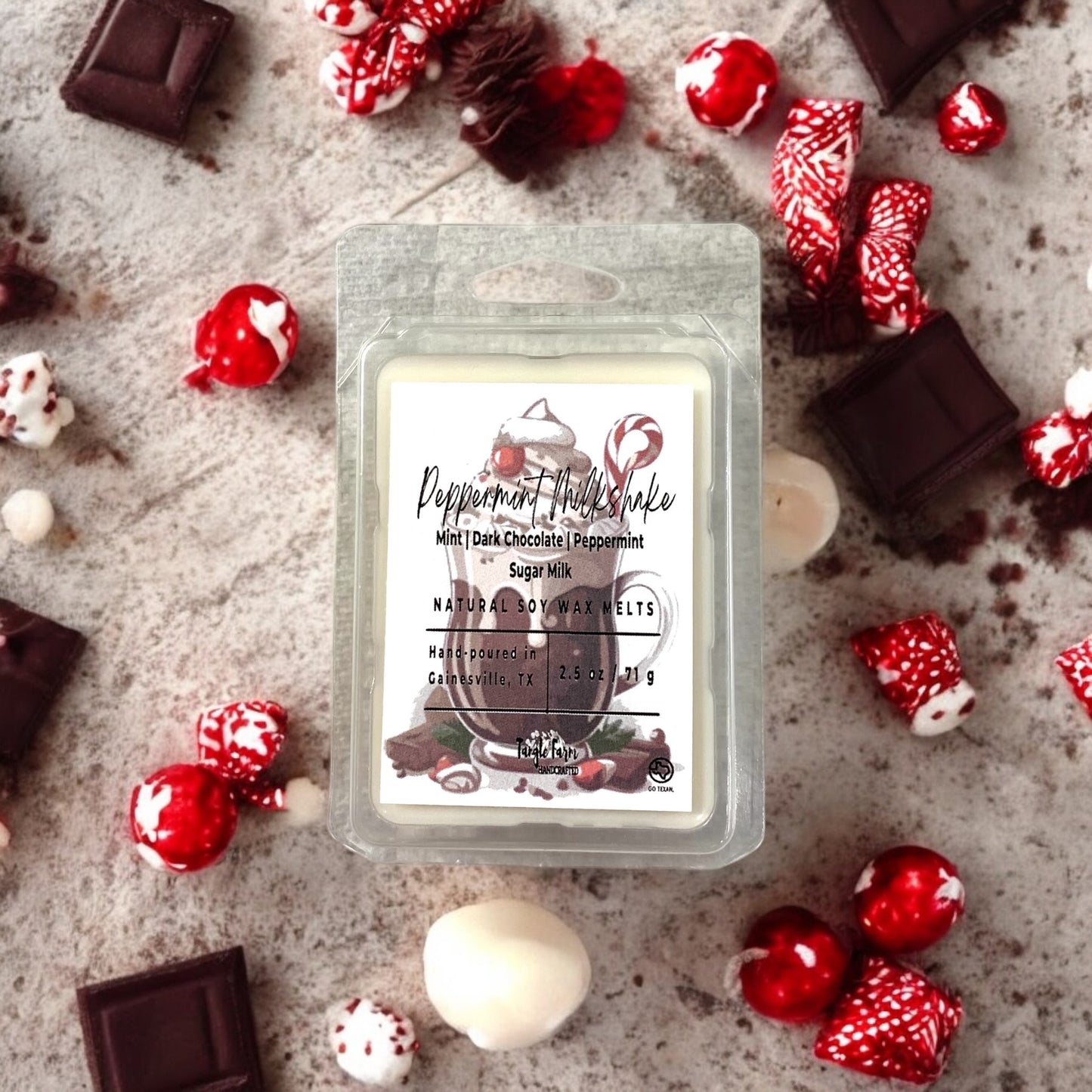 Peppermint milkshake wax melt with scent of mint, peppermint and chocolate.