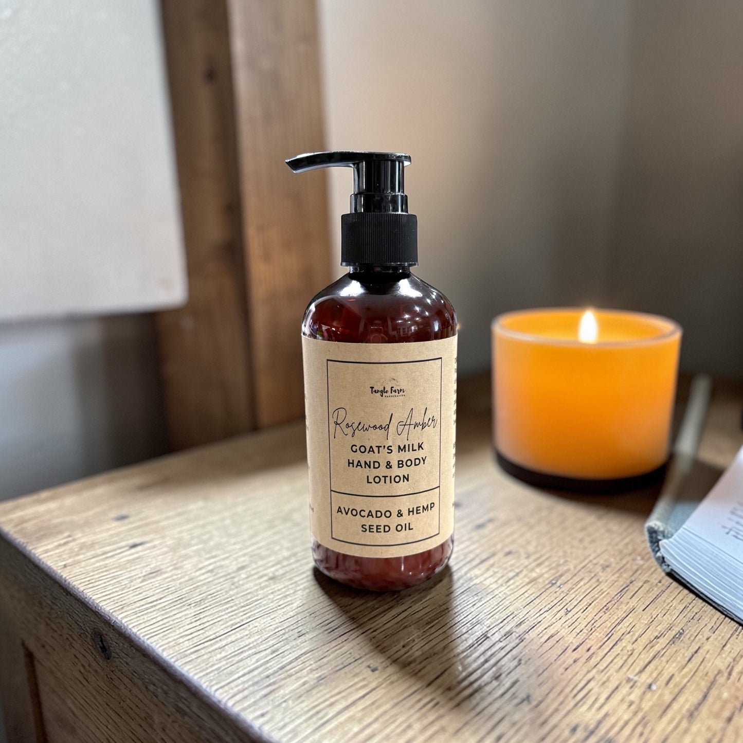 Rosewood Amber goat’s milk lotion in an 8oz pump bottle.