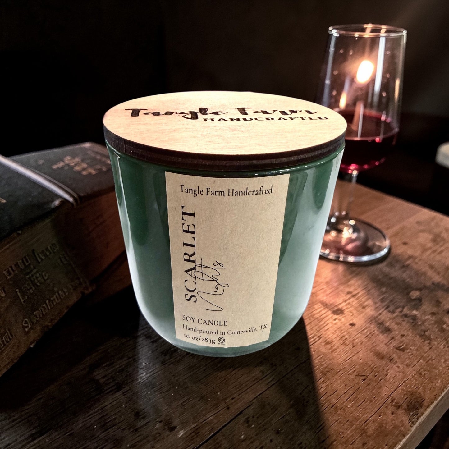 Scarlet Night soy candle in a colorful Serafina container with a wooden lid, 10oz.