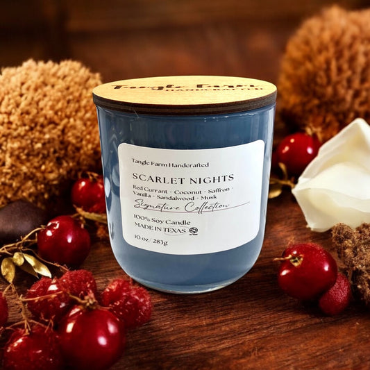Scarlet Nights lux soy candle with red currant, saffron, coconut, sandalwood and musk.
