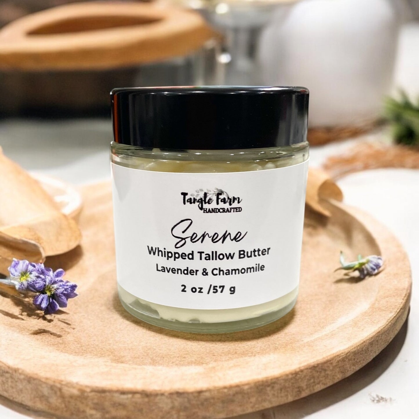 Whipped Tallow Butter in 2 oz Serene scented with Lavender and Chamomile