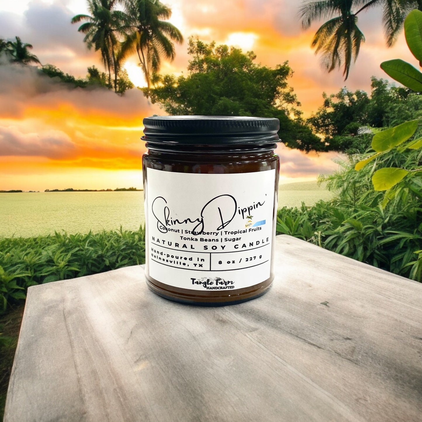 Skinny Dippin' soy candle, a butt naked scent candle with coconut, tropical fruits and sugar.