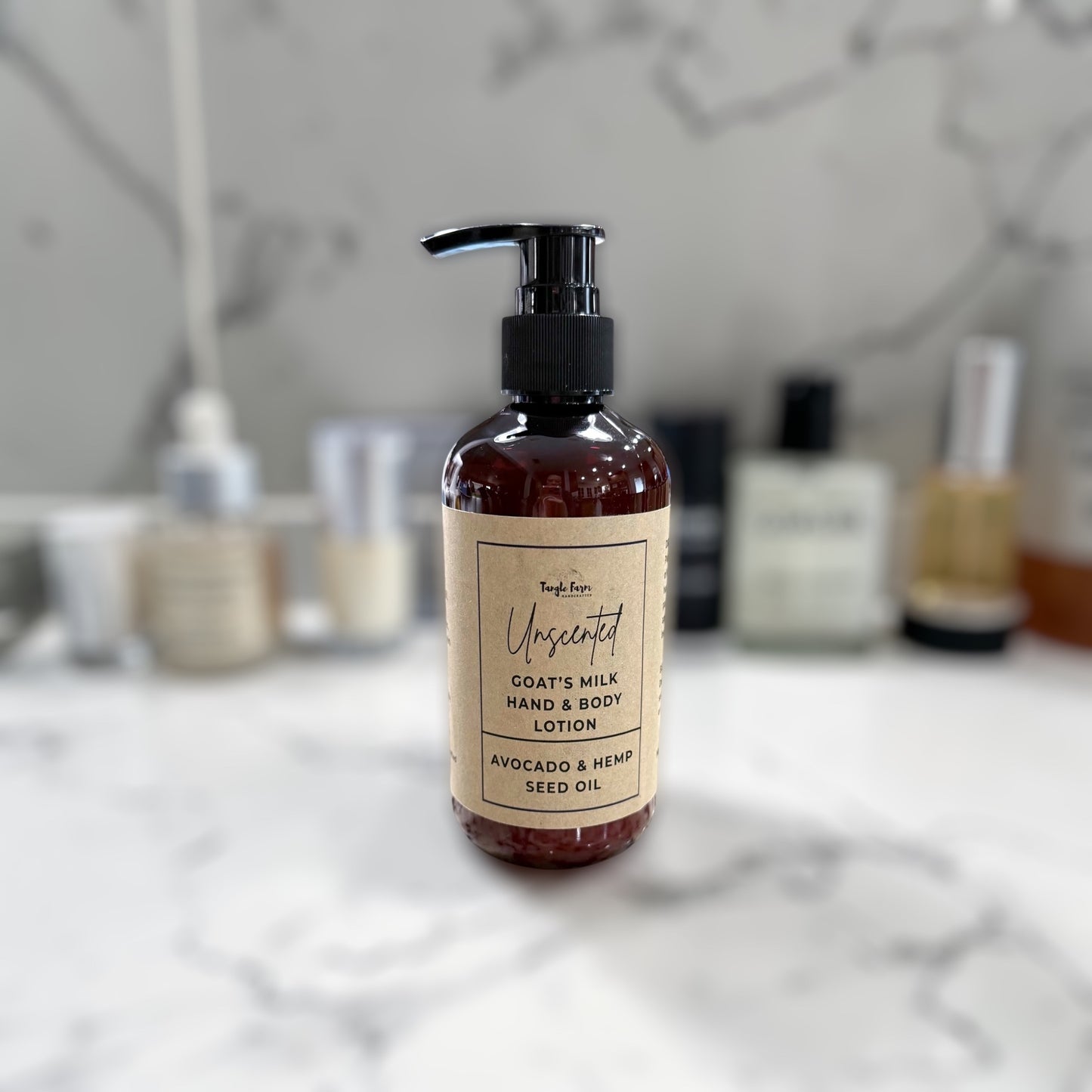 Unscented goat’s milk lotion in an 8oz pump bottle.