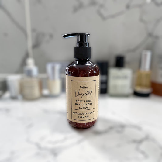 Unscented goat’s milk lotion in an 8oz pump bottle.