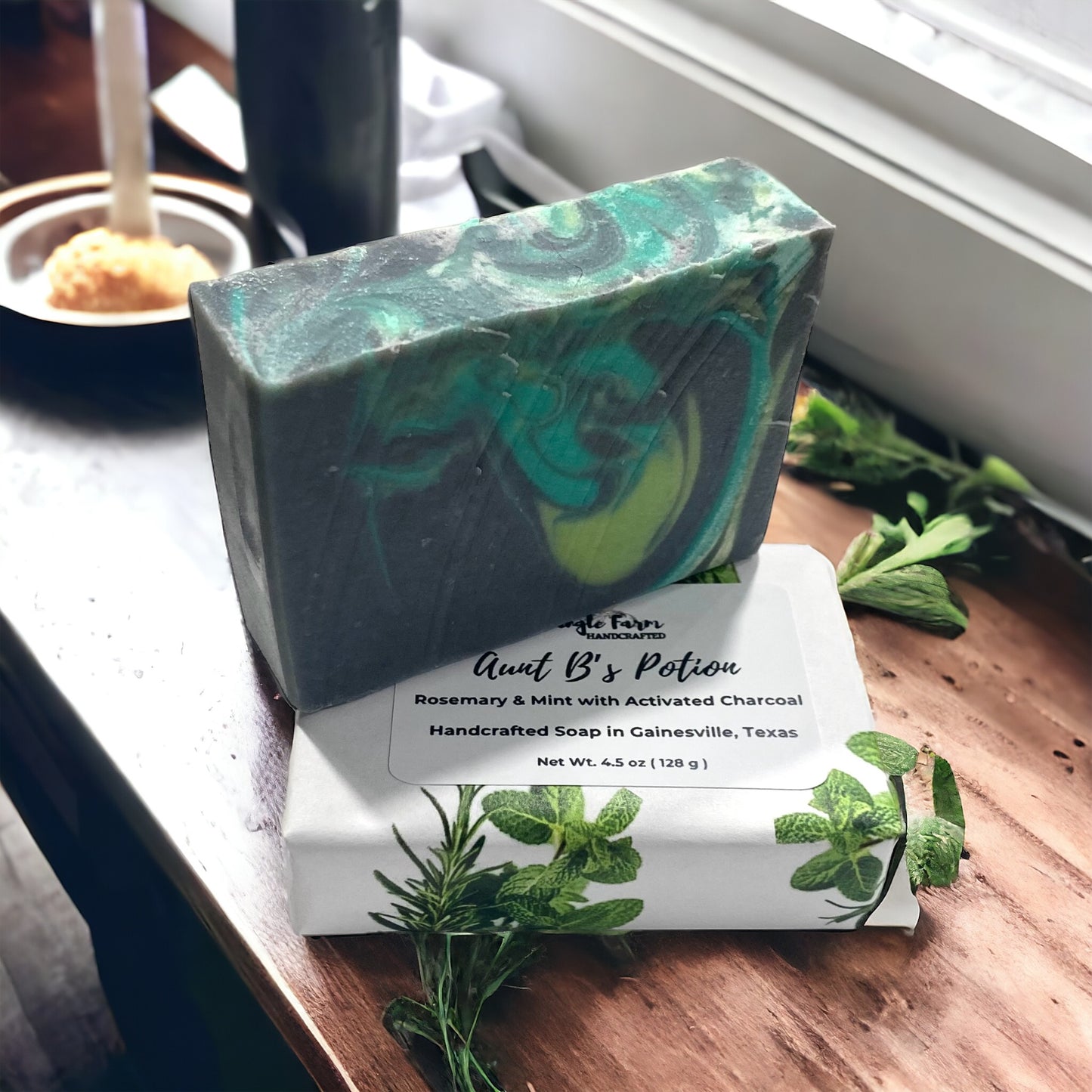 Aunt B's Potion artisan soap with activated charcoal, rosemary and mint