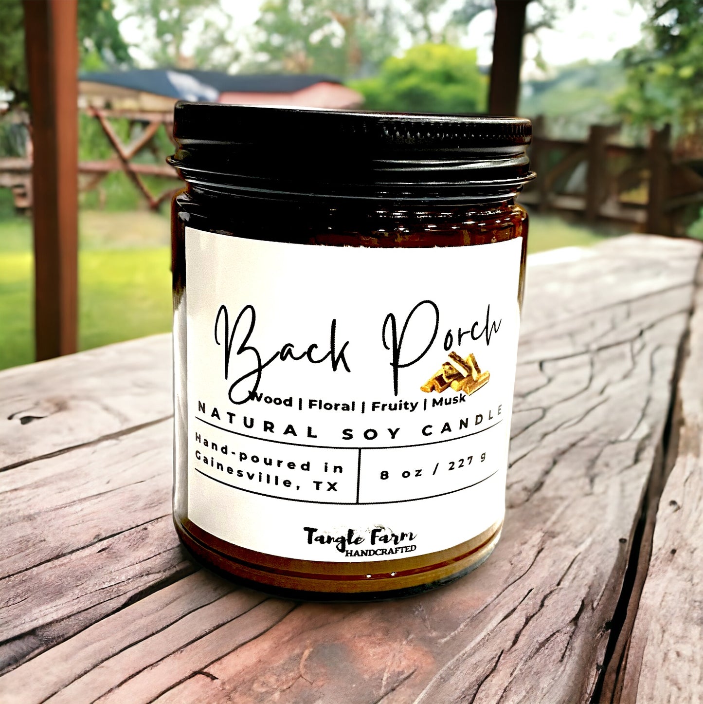 back porch soy candle, mahogany teakwood scented