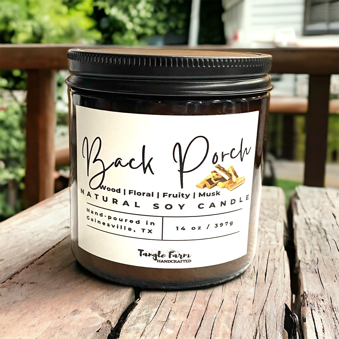 back porch soy candle, mahogany teakwood scented