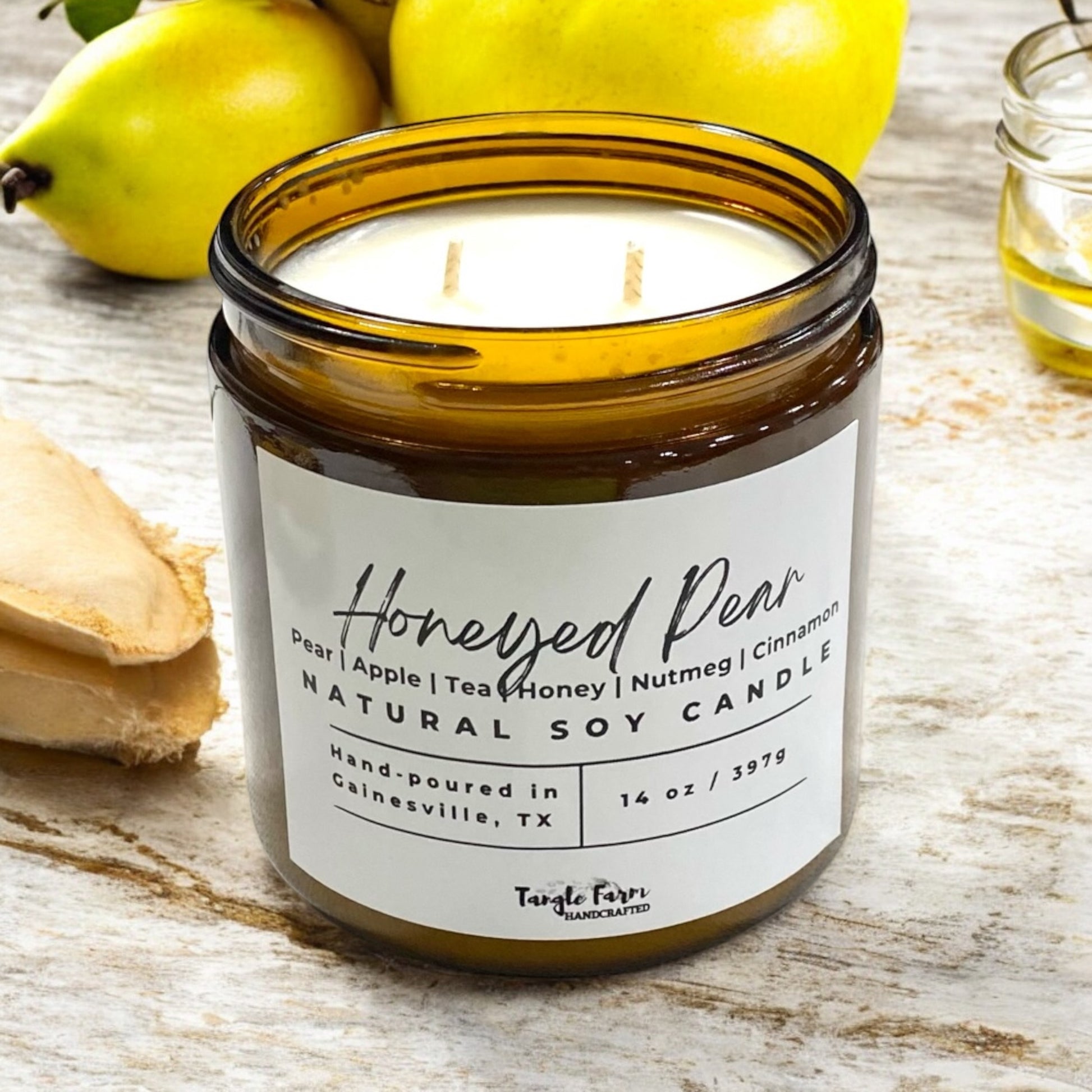 Honeyed Pear Soy candle in Amber jar.