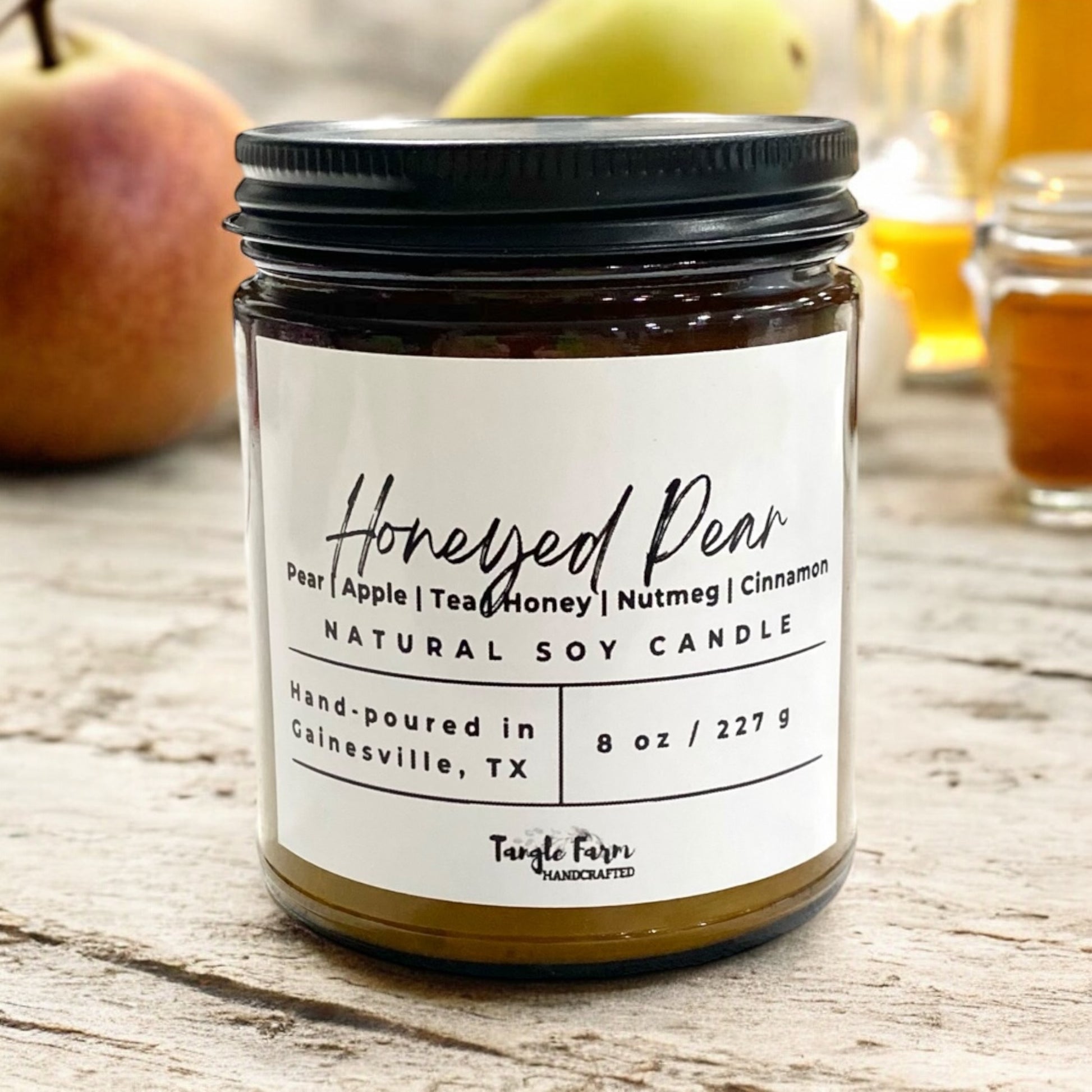 Honeyed Pear Soy candle in Amber jar.