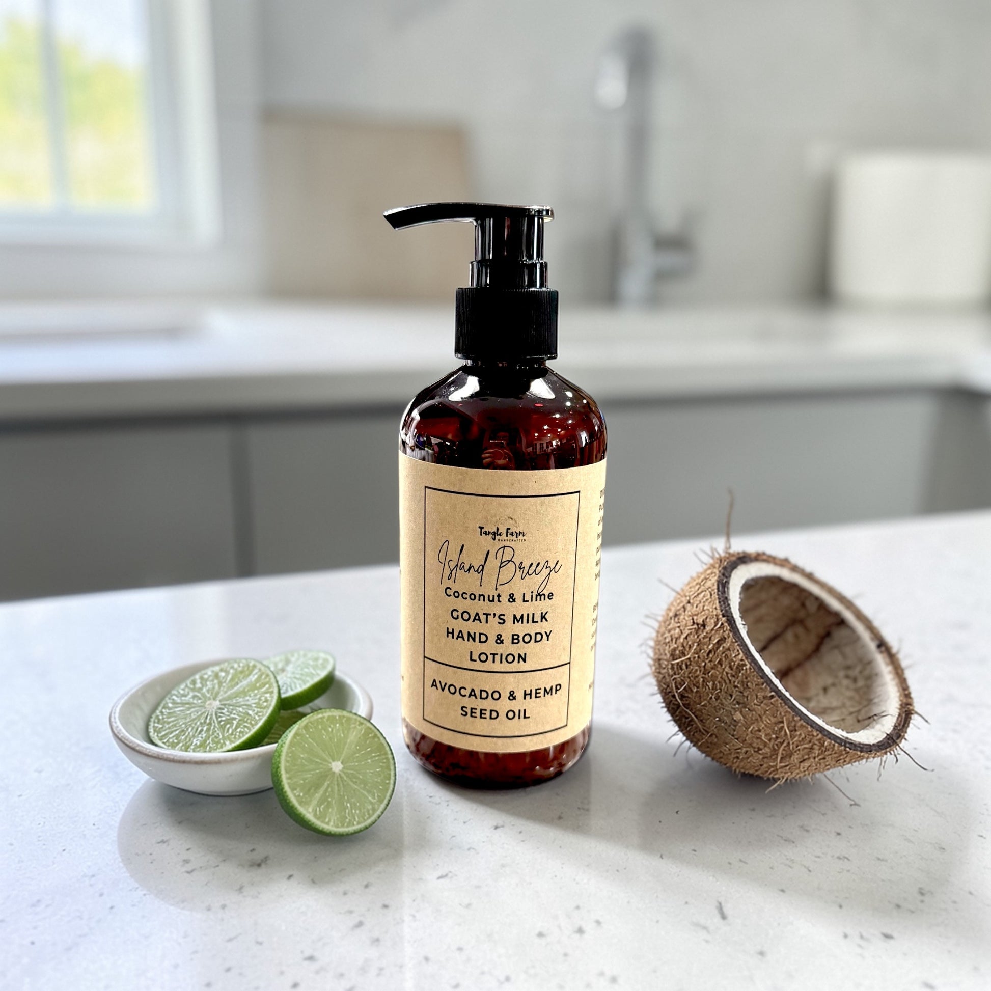 Island Breeze Goat’s Milk Lotion, bursting with coconut and lime vibes, packed into an 8oz pump bottle—because your skin deserves a tropical vacation without the airfare.