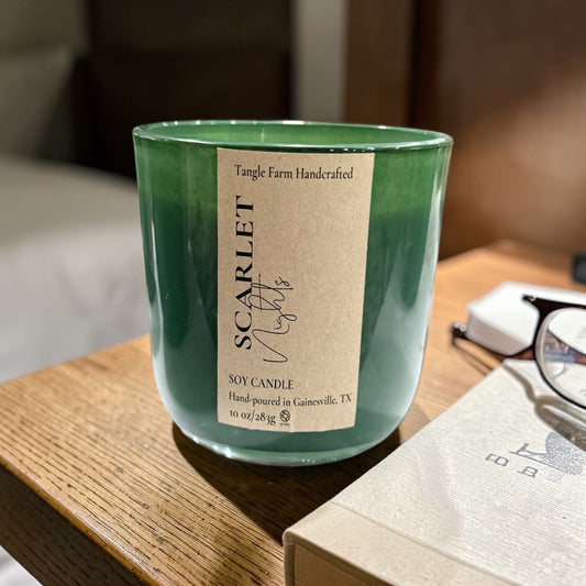 Scarlet Night soy candle in a colorful Serafina container with a wooden lid, 10oz.