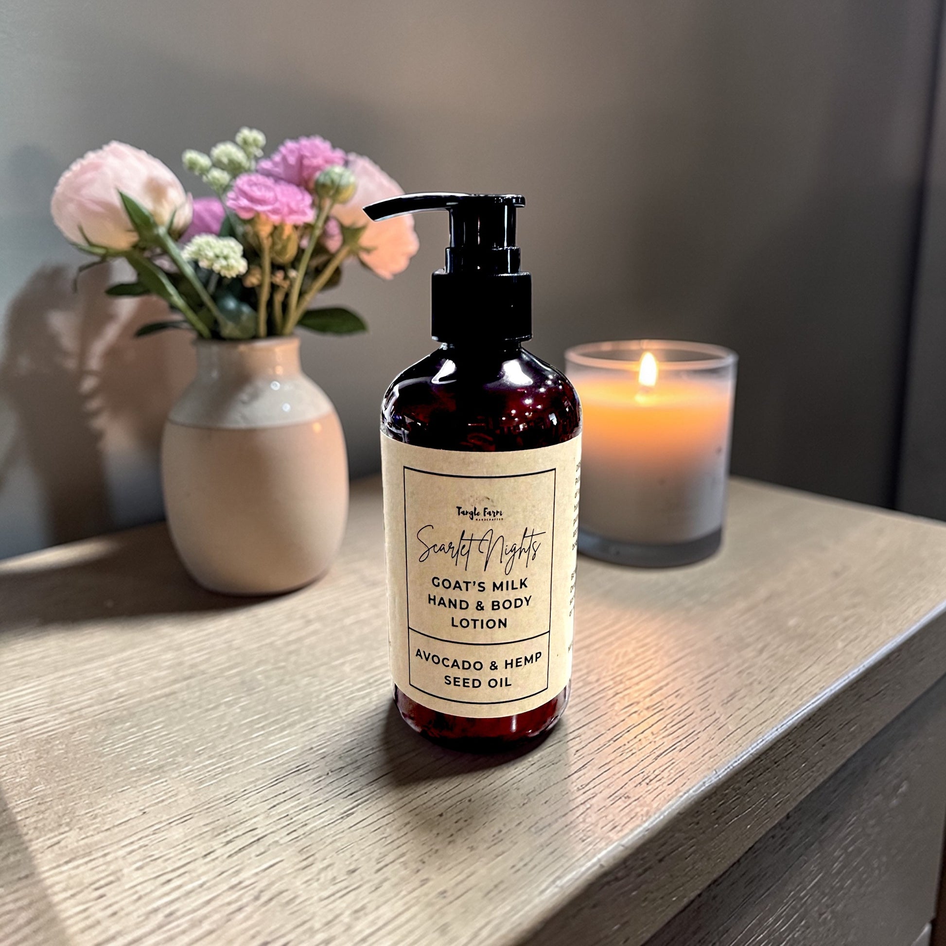 Scarlet Nights goat’s milk lotion in an 8 oz pump bottle.