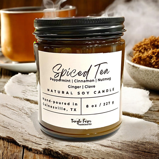 8oz Spiced tea soy candle with notes of peppermint, nutmeg, cinnamon, ginger and clove.