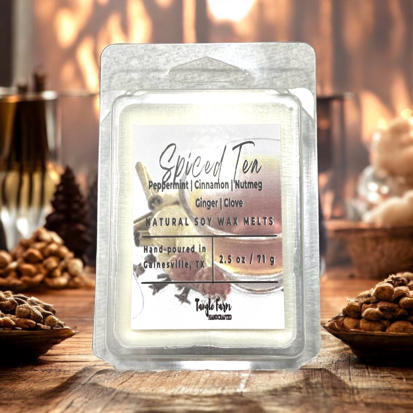 2.5oz spiced tea soy wax melt with blend of peppermint, cinnamon, nutmeg, ginger and clove.