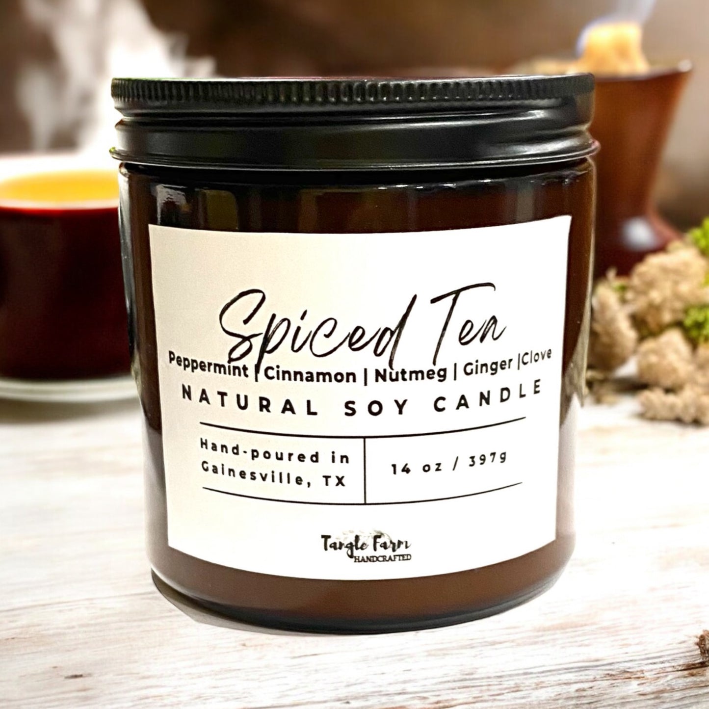 14oz Spiced tea soy candle with notes of peppermint, nutmeg, cinnamon, ginger and clove.