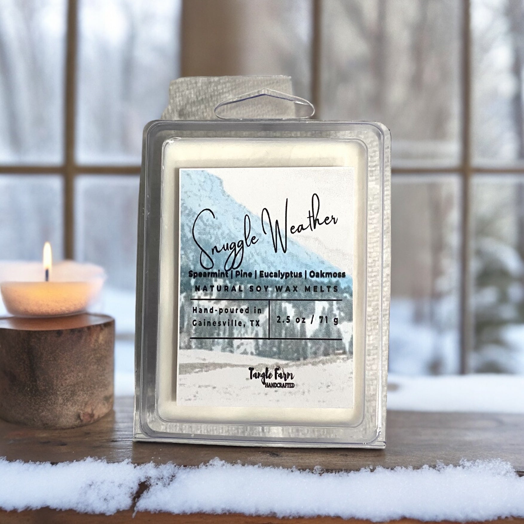 Snuggle Weather is a sweater weather scented with eucalyptus, pine, spearmint, oakmoss.