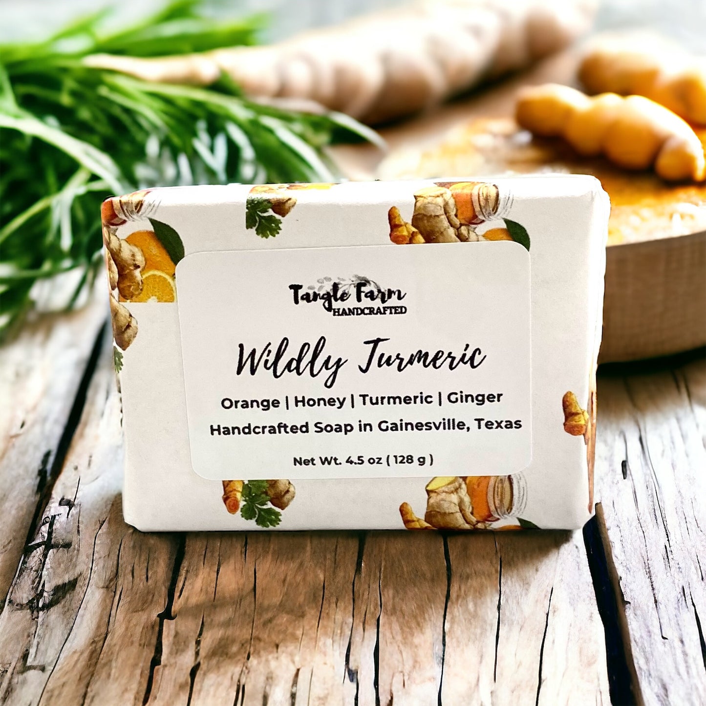 wildly turmeric soap with turmeric powder, grated ginger and local honey scented with tangerine essential oil