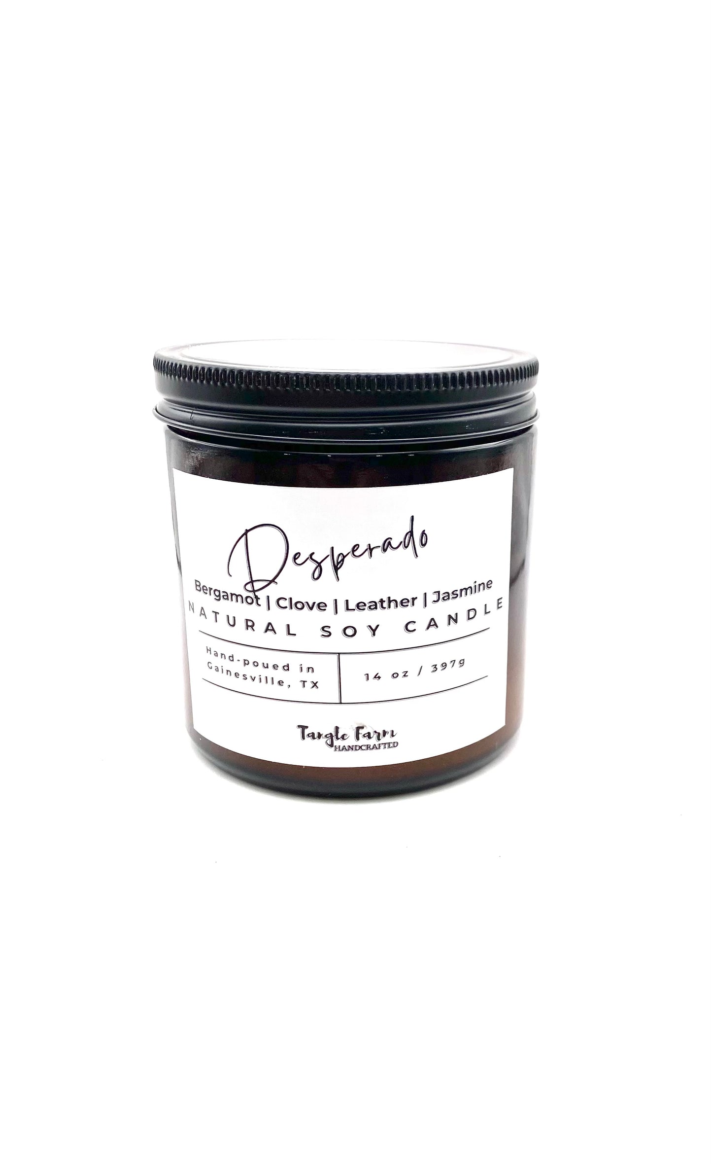 Desperado soy candle leather fruity floral clove 