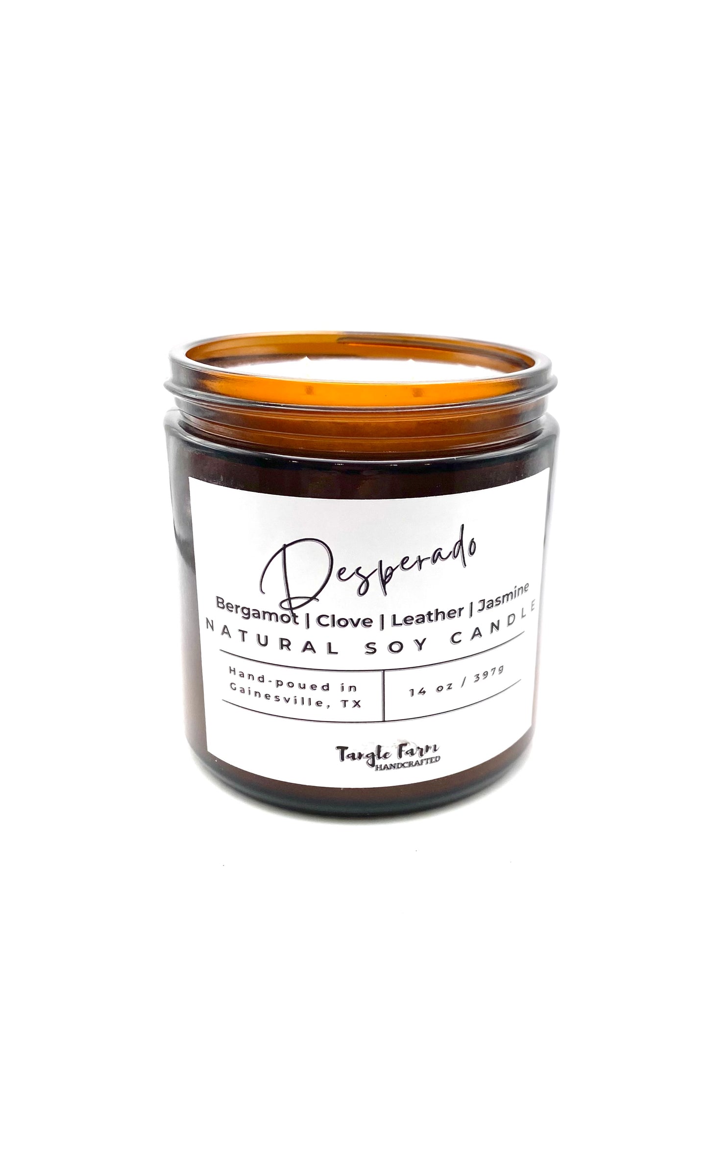 Desperado soy candle leather fruity floral clove 