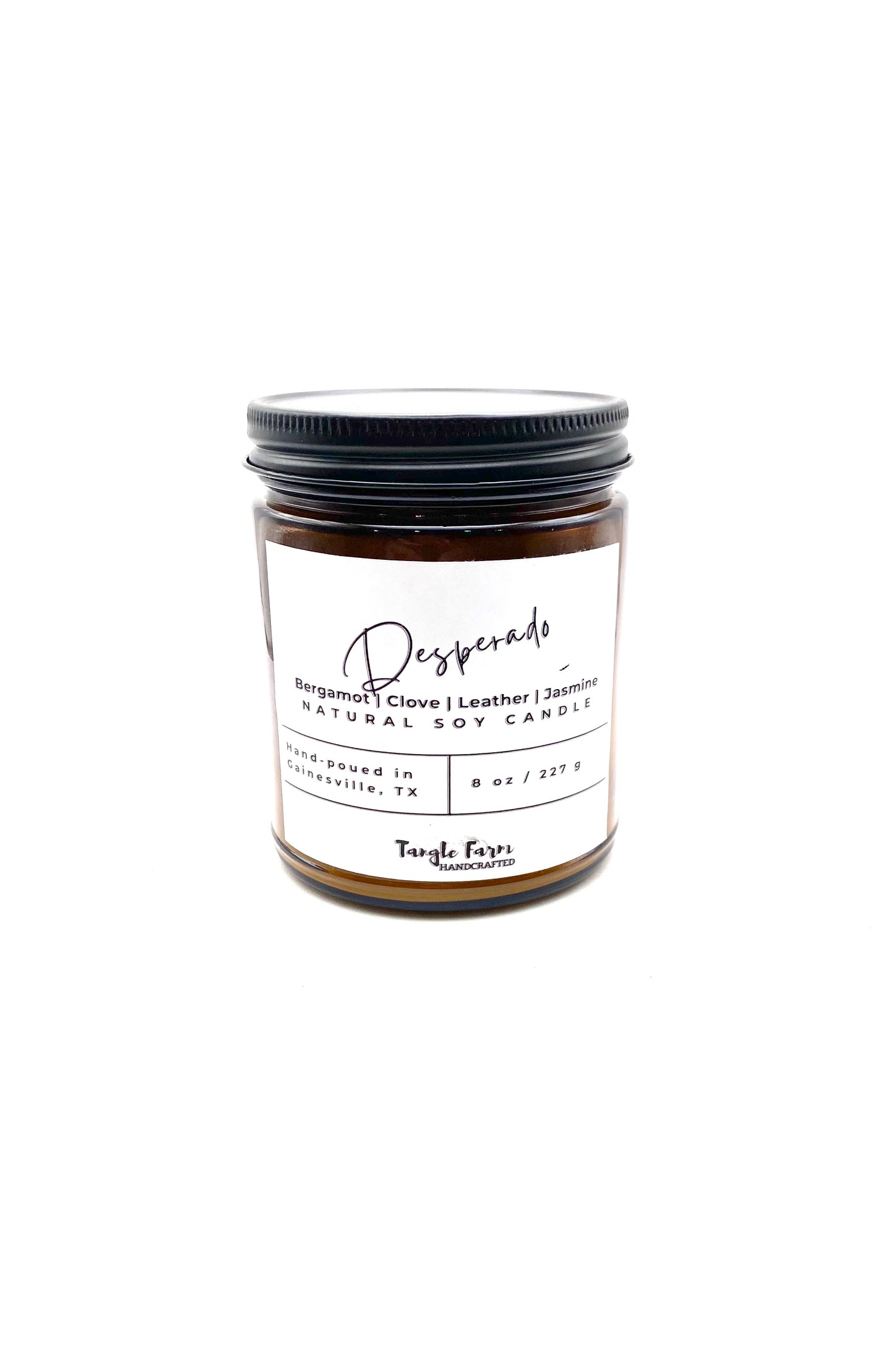 Desperado soy candle leather fruity floral clove 