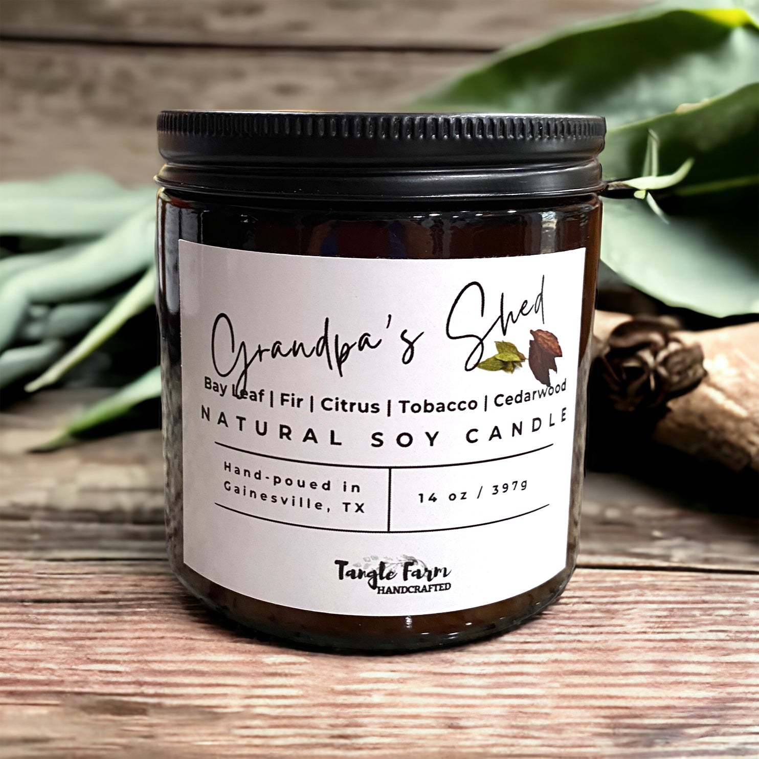 tobacco and bay leaf grandpa's shed soy candle