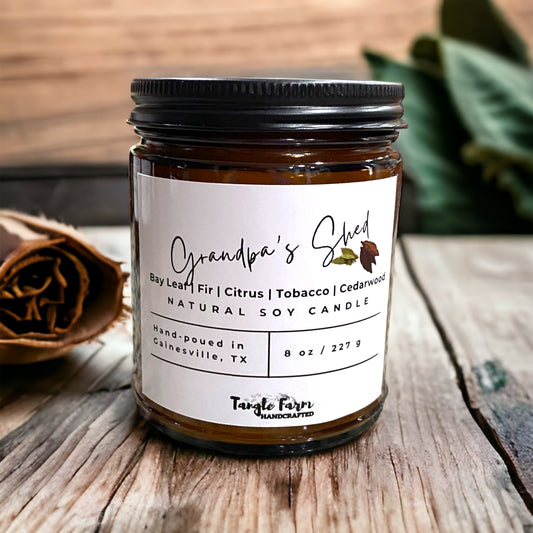 tobacco and bay leaf scented grandpa's shed soy candle